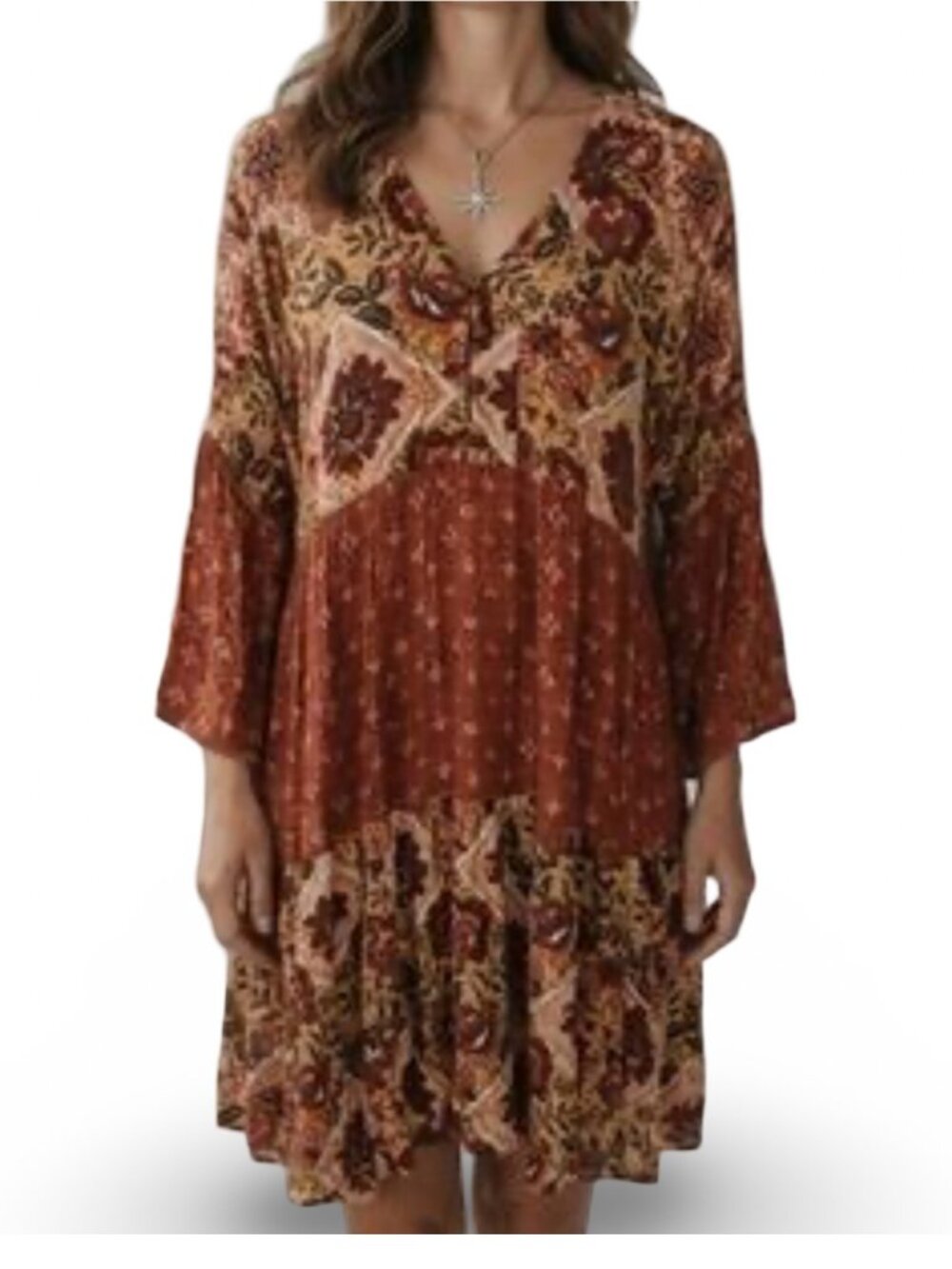 Easel Floral Boho Patchwork Trapeze Swing Dress Womens L Rust V-Neck Bell Sleeve